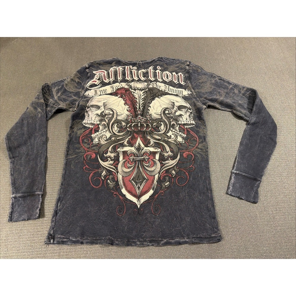 Vintage Rare Affliction Muscle Thermal Shirt‎ Gray Red Dual Skulls Gothic Large